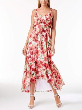 Calvin Klein Floral Chiffon High Low Ruffle Maxi Dress Size 8
